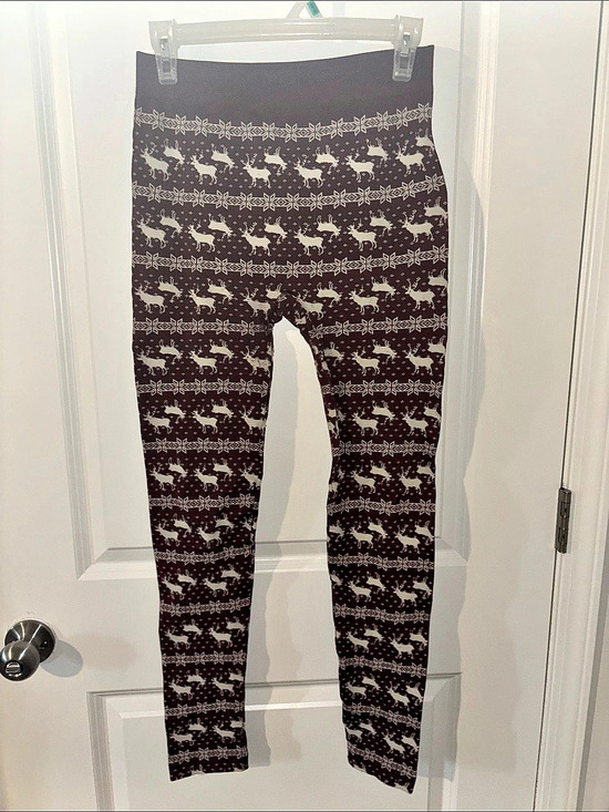 Pink Rose Pants - Pink Rose Patterned Leggings in Brown & White Size Large Like New